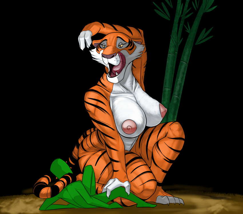 anon anthro bamboo big_breasts breasts claws crossgender disney duo fangs felid female hi_res human imminent_sex jungle_book larger_anthro larger_female male male/female mammal nude pantherine shere_khan size_difference smaller_human smaller_male tiger zokva