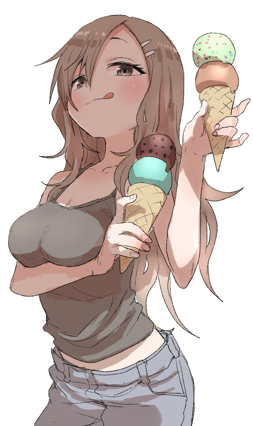 1girl :q absurdres bangs black_camisole blue_pants blush breasts brown_eyes brown_hair camisole closed_mouth denim double_scoop food hair_between_eyes hair_ornament hairclip highres holding holding_food ice_cream ice_cream_cone jeans large_breasts long_hair looking_at_viewer original pants simple_background smile solo tongue tongue_out very_long_hair white_background yamamoto_souichirou