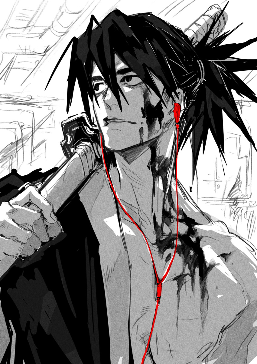 1boy bangs bare_shoulders blood bloody_face closed_mouth collarbone earbuds earphones greyscale hair_between_eyes highres holding holding_sheath japanese_clothes katana katana_zero kimono looking_away male_focus monochrome ogata_tomio over_shoulder ponytail scabbard sheath short_hair sketch solo spot_color sword upper_body weapon zero_(katana_zero)