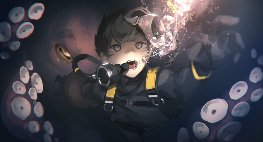 1boy air_bubble animal asphyxiation black_gloves blue_eyes bubble drowning gloves highres horizontal_pupils isida_segu light male_focus octopus open_hand open_mouth original reaching_out teeth tentacles tongue underwater underwear upper_body water yellow_eyes