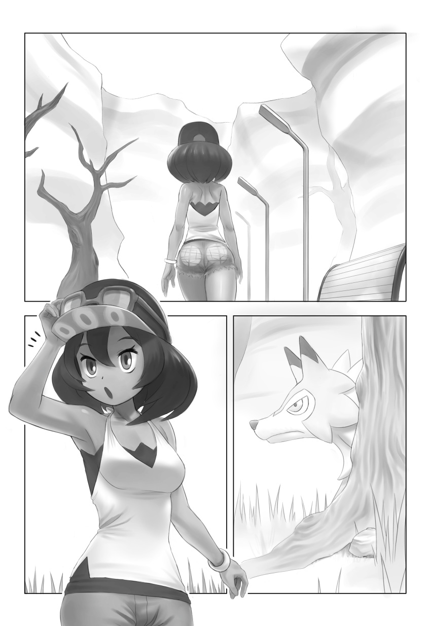 absurd_res ambiguous_gender canid canine comic digital_media_(artwork) duo female feral fur hi_res human jiffic lycanroc mammal midday_lycanroc monochrome nintendo park pok&eacute;mon pok&eacute;mon_(species) tree video_games