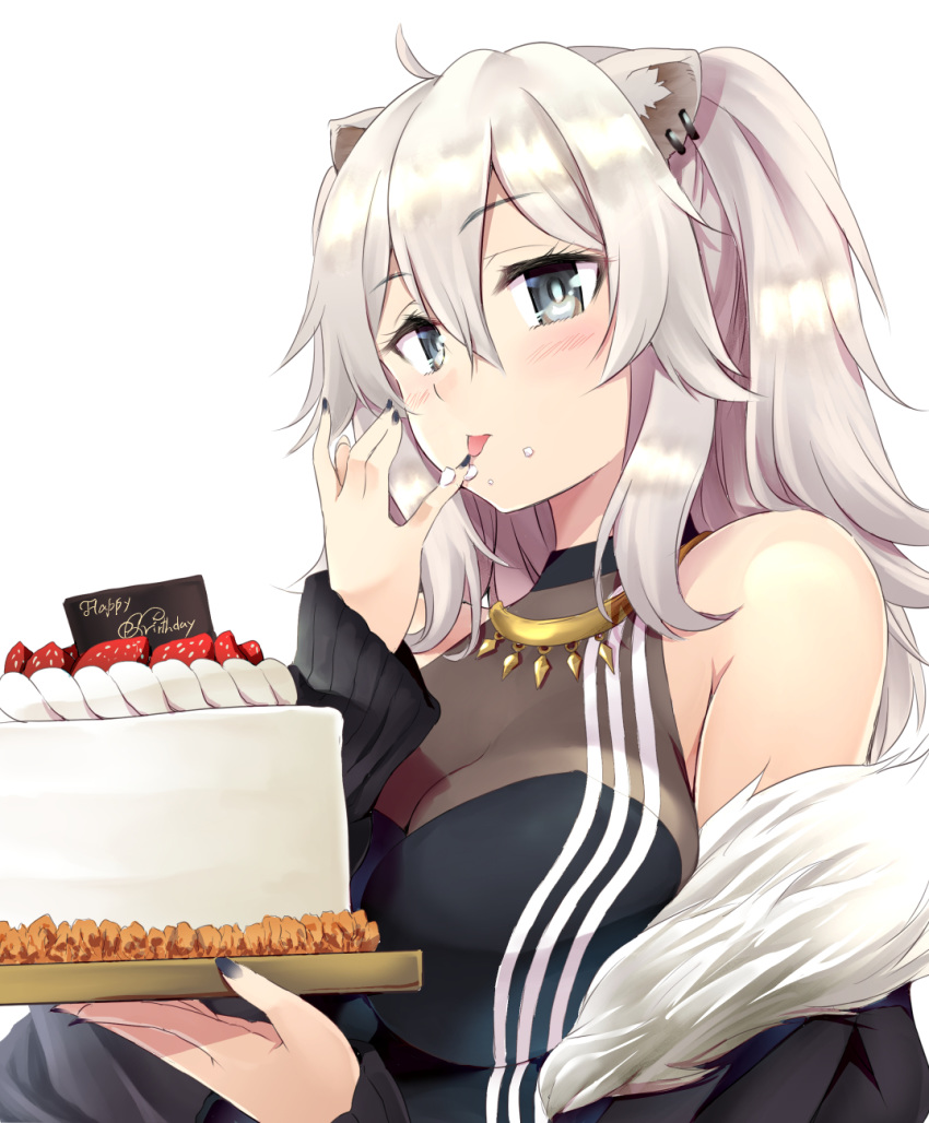 1girl ahoge animal_ear_fluff animal_ears bangs bare_shoulders black_jacket black_nails black_shirt cake ear_piercing eyebrows_visible_through_hair finger_licking food food_on_face food_on_finger fruit fur-trimmed_jacket fur_trim grey_eyes hair_between_eyes hands_up highres holding hololive jacket licking lion_ears long_hair long_sleeves looking_away makishima_rin nail_polish off_shoulder piercing shirt shishiro_botan silver_hair simple_background sleeveless sleeveless_shirt sleeves_past_wrists solo strawberry tongue tongue_out virtual_youtuber white_background