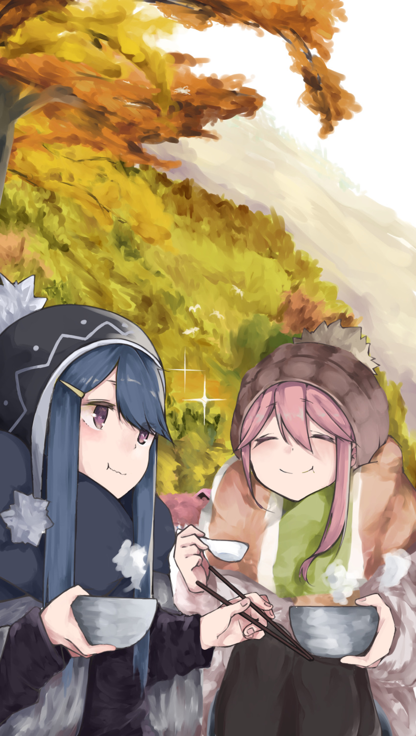 2girls :t absurdres autumn_leaves blue_hair bowl chopsticks closed_eyes commentary eating hat highres holding holding_bowl holding_chopsticks kagamihara_nadeshiko leadin_the_sky multiple_girls outdoors pink_hair purple_eyes scarf shima_rin smile winter_clothes yurucamp