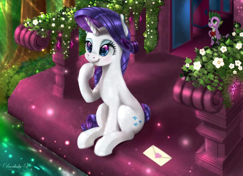 2020 absurd_res blue_eyes cutie_mark darksly detailed_background digital_media_(artwork) duo envelope equid equine eyelashes female feral flower friendship_is_magic fur green_eyes hasbro hi_res holding_object horn mammal my_little_pony plant rarity_(mlp) solo_focus spike_(mlp) unicorn white_body white_fur young