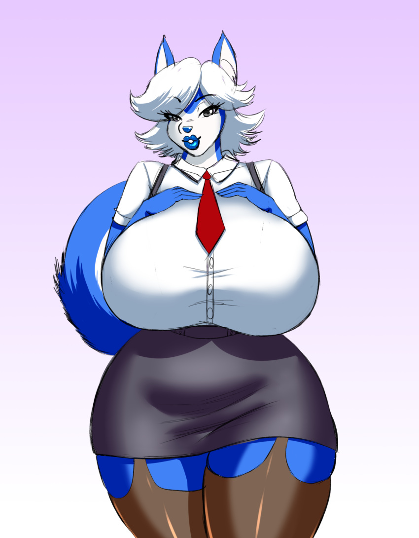 5_fingers anthro big_breasts blue_body blue_fur blue_lips blue_nose bottomwear breasts canid canine canis clothing curvy_figure darbo digital_drawing_(artwork) digital_media_(artwork) domestic_dog dress_shirt female fingers fur hair hand_on_breast hi_res hourglass_figure huge_breasts husky hyper hyper_breasts legwear lips looking_at_viewer mammal necktie nordic_sled_dog office_clothing office_lady shirt silver_eyes simple_background skirt smile solo speeds spitz standing stockings thick_thighs topwear white_body white_fur white_hair wide_hips