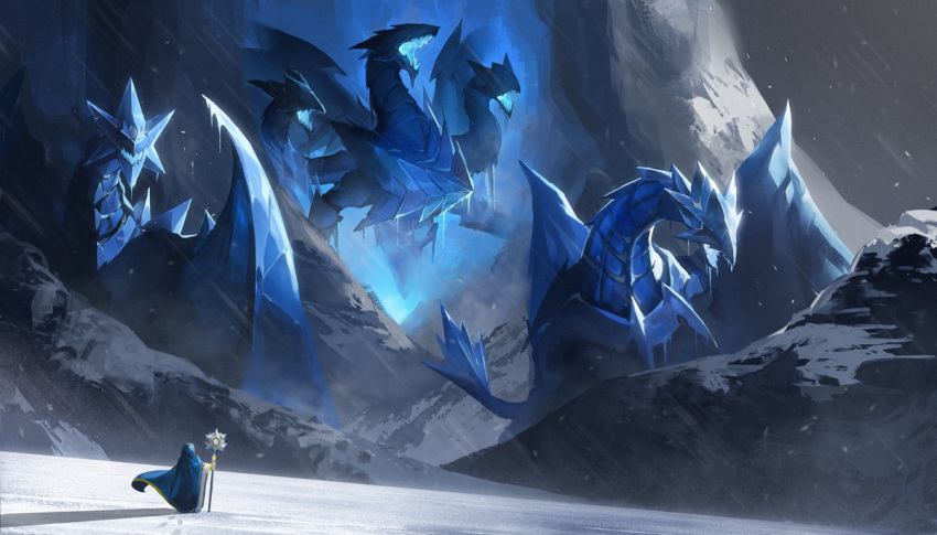 1boy brionac_dragon_of_the_ice_barrier cape commentary_request dragon duel_monster epic gungnir_dragon_of_the_ice_barrier holding holding_staff ice ice_dragon mage monster mountain multiple_heads prior_of_the_ice_barrier scenery sihai_(wsskdywe) snow staff standing trishula_dragon_of_the_ice_barrier yuu-gi-ou