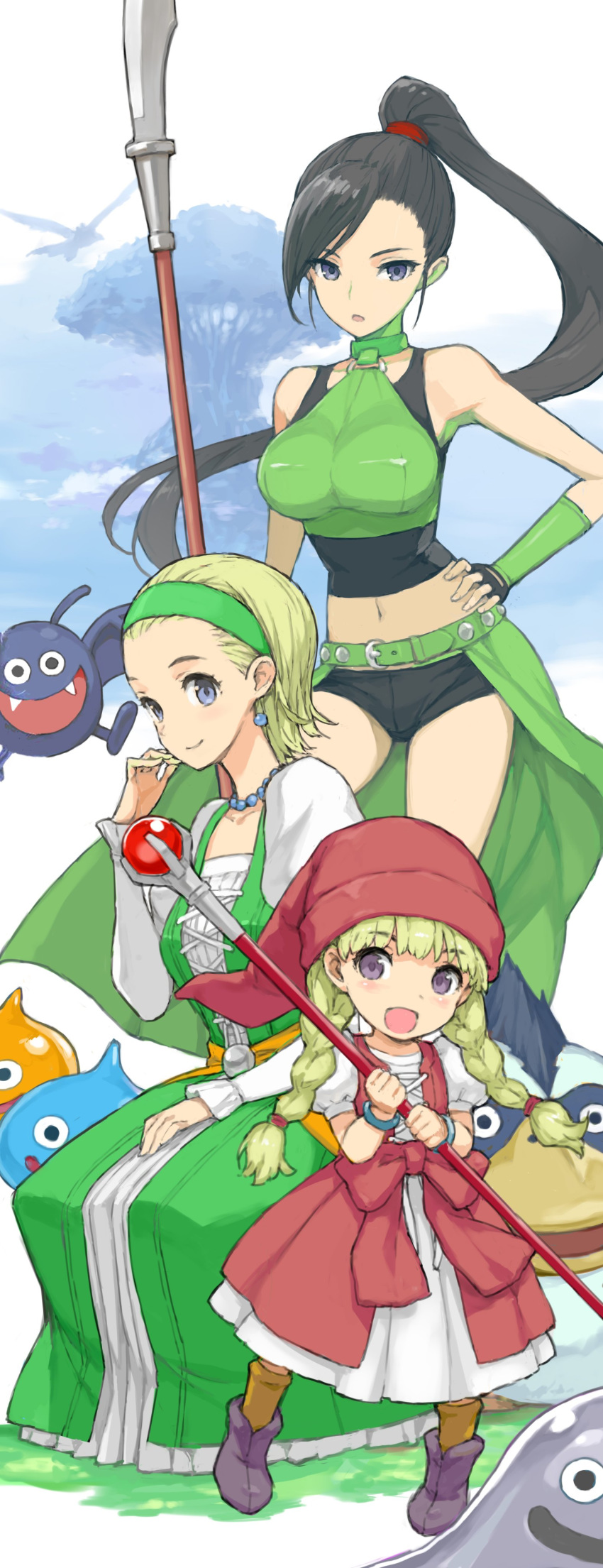 3girls :d absurdres asymmetrical_bangs bangs black_footwear black_hair black_shirt black_shorts blonde_hair blue_eyes boots bracelet braid closed_mouth dragon_quest dragon_quest_xi drakee dress earrings eyebrows_visible_through_hair fingerless_gloves gloves green_dress green_gloves green_hairband green_shirt hair_tie hairband halterneck hand_on_hip hat highres holding holding_polearm holding_staff holding_weapon jewelry juliet_sleeves long_dress long_sleeves martina_(dq11) medium_dress micro_shorts midriff morisawa_haruyuki multiple_girls navel necklace open_mouth orange_legwear parted_lips pearl_necklace polearm ponytail puffy_sleeves purple_eyes red_dress red_headwear senya_(dq11) shirt short_sleeves shorts simple_background sitting slime_(dragon_quest) smile socks staff standing tank_top tree twin_braids twintails veronica_(dq11) waist_cape weapon white_background