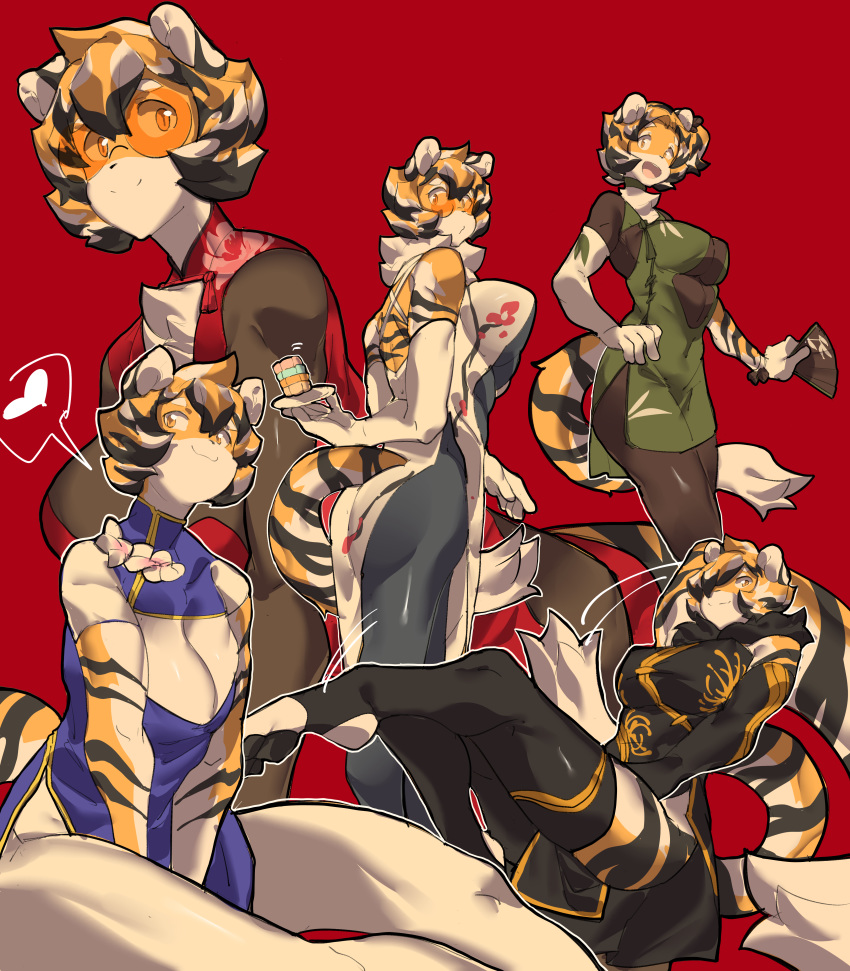 &lt;3 absurd_res anthro arknights asian_clothing aspirindabaitu black_body black_fur black_hair breasts butt chinese_clothing clothing east_asian_clothing eyewear felid female fur glasses hair hand_fan hi_res holding_object mammal multicolored_body multicolored_fur multicolored_hair multiple_poses orange_body orange_fur orange_hair pantherine pose red_background simple_background smile solo tiger video_games waaifu white_body white_fur white_hair