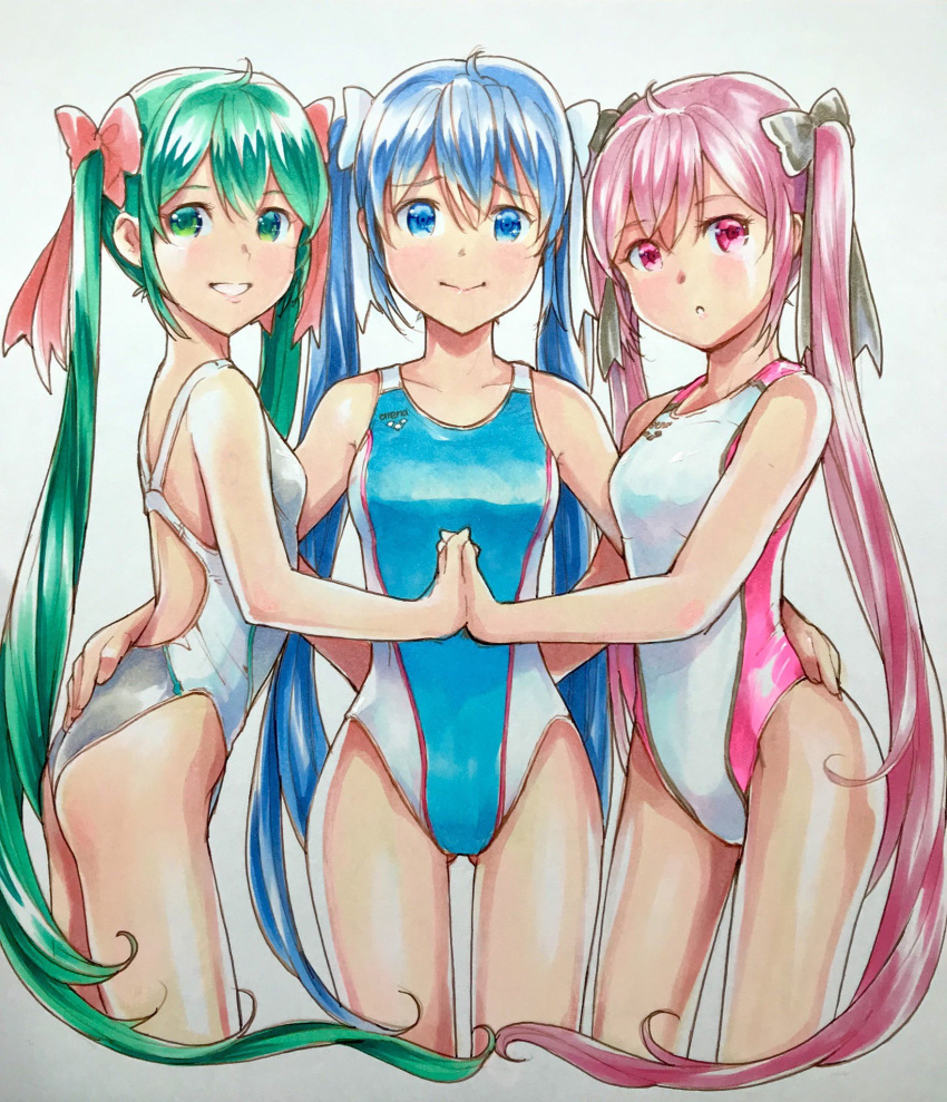 3girls :d :o alternate_eye_color alternate_hair_color backless_swimsuit bare_arms black_bow blue_eyes blue_hair blue_swimsuit blush bow breasts closed_mouth commentary competition_swimsuit cowboy_shot girl_sandwich green_eyes green_hair grey_background grey_swimsuit hair_bow hand_on_another's_hip hatsune_miku highres holding_hands interlocked_fingers long_hair looking_at_viewer mayo_riyo multiple_girls multiple_persona one-piece_swimsuit open_mouth pink_eyes pink_hair pink_swimsuit red_bow sakura_miku sandwiched sidelocks small_breasts smile swimsuit twintails two-tone_swimsuit very_long_hair vocaloid white_bow white_swimsuit