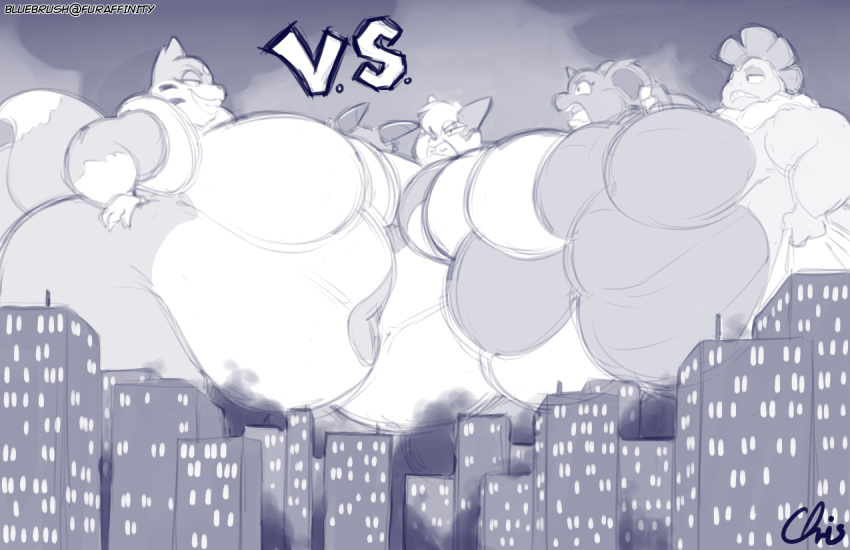 anthro belly big_belly big_breasts breasts city cityscape ed_(nidogatr) featureless_breasts female floatzel group huge_breasts macro monochrome nekocrispy nidoqueen nintendo overweight overweight_female pok&eacute;mon pok&eacute;mon_(species) scrafty smile video_games zangoose