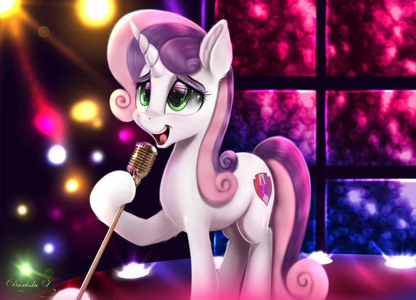 2020 absurd_res cutie_mark darksly digital_media_(artwork) equid equine eyebrows eyelashes female feral friendship_is_magic fur green_eyes hasbro hi_res horn mammal microphone my_little_pony open_mouth solo stage sweetie_belle_(mlp) tongue unicorn white_body white_fur