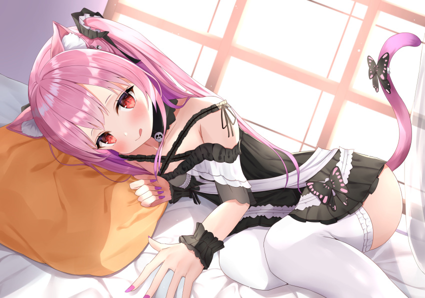 animal_ears bed blush catgirl flat_chest goth-loli hololive lolita_fashion long_hair pink_hair red_eyes saki_(saki_paint) tail thighhighs twintails uruha_rushia wristwear