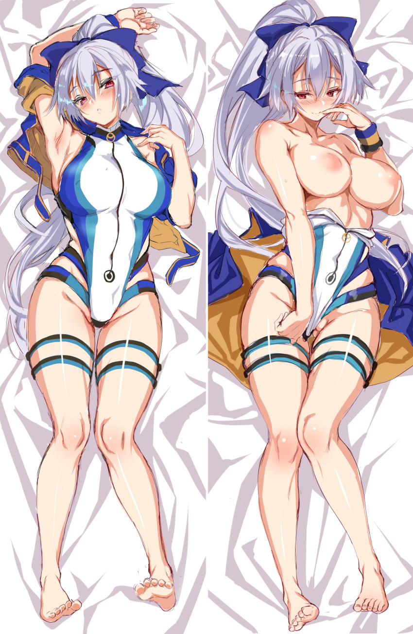 1girl armpits ass_visible_through_thighs bare_shoulders blue_ribbon breasts cle_masahiro collarbone covered_navel cropped_jacket dakimakura eyebrows_visible_through_hair eyes_visible_through_hair fate/grand_order fate_(series) groin hair_ribbon highres jacket jacket_over_swimsuit large_breasts nipples ponytail red_eyes ribbon silver_hair solo swimsuit swimsuit_pull thigh_gap thigh_strap tomoe_gozen_(swimsuit_saber)_(fate)