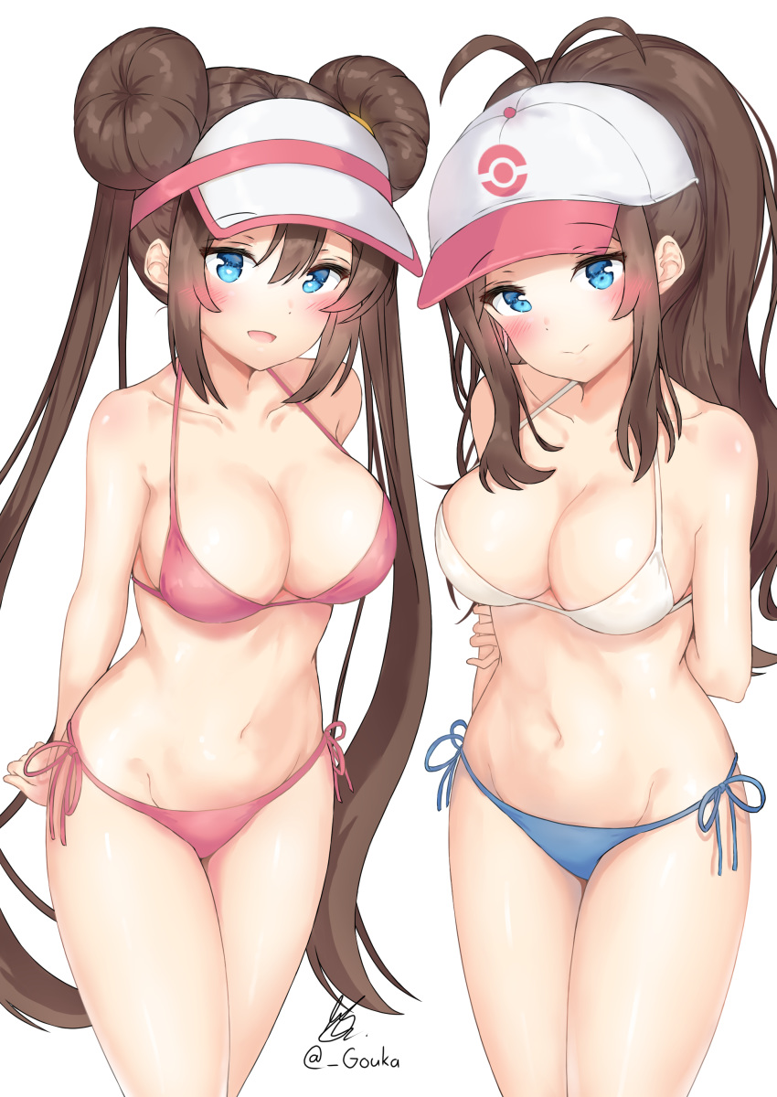 2girls absurdres ahoge arm_behind_back artist_name bare_shoulders baseball_cap bikini blue_bikini blue_eyes blush breasts brown_hair cleavage collarbone commentary cowboy_shot double_bun gouka grabbing_own_arm halterneck hat highres hilda_(pokemon) large_breasts long_hair looking_at_viewer mismatched_bikini multiple_girls navel open_mouth pink_bikini pokemon pokemon_(game) pokemon_bw ponytail rosa_(pokemon) side-tie_bikini signature simple_background smile swimsuit twintails very_long_hair visor_cap white_background white_bikini