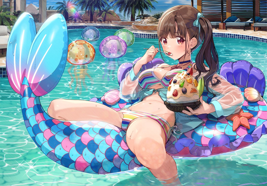 1girl bangs beach_chair bikini breasts brown_eyes brown_hair choker cleavage commentary_request dessert eating food fruit highres idolmaster idolmaster_shiny_colors inflatable_raft inflatable_toy joey_koguma large_breasts layered_bikini looking_at_viewer multicolored multicolored_bikini multicolored_clothes navel palm_tree pillow pool red_eyes shaved_ice side-tie_bikini side_ponytail solo sonoda_chiyoko swimsuit thighs tree wading water wet