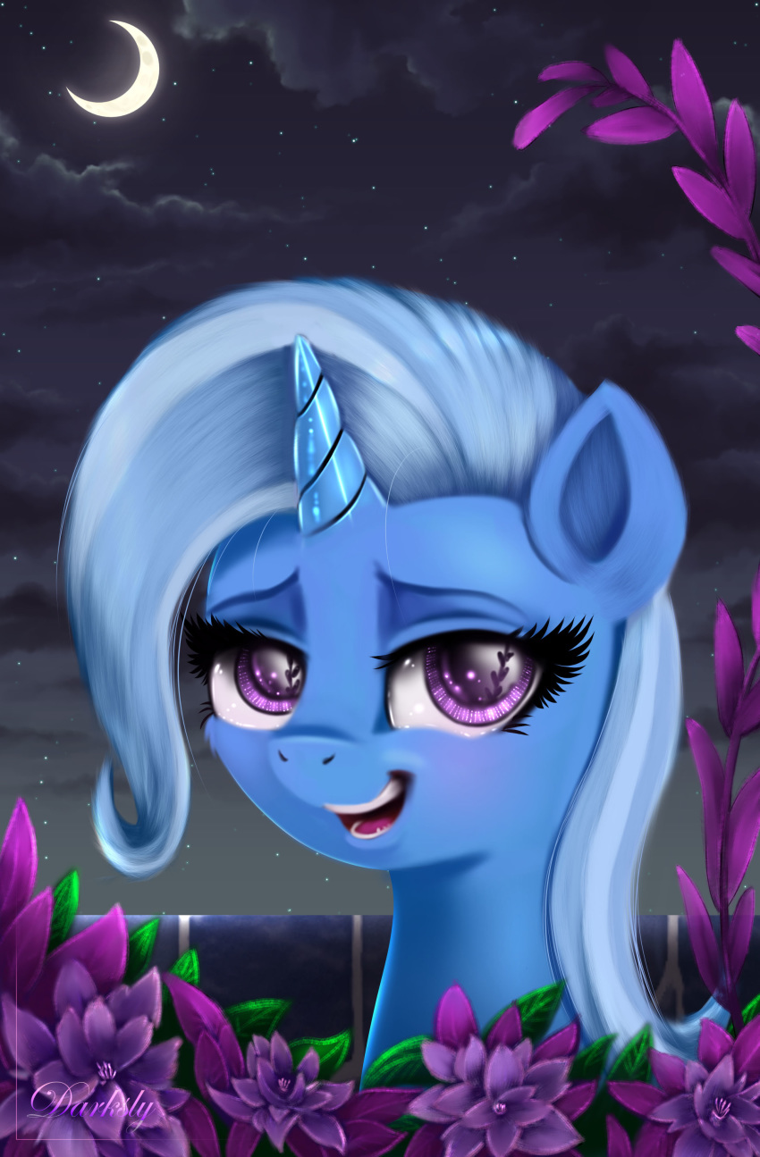 2018 absurd_res cloud crescent_moon darksly digital_media_(artwork) equid equine eyelashes female feral friendship_is_magic hasbro hi_res horn looking_at_viewer mammal moon my_little_pony night open_mouth open_smile outside smile solo teeth trixie_(mlp) unicorn unicorn_horn