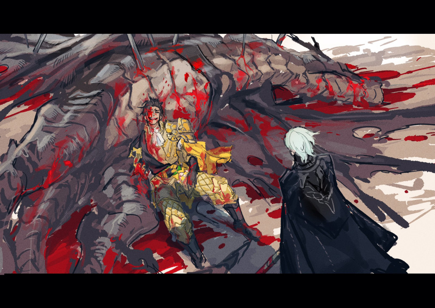 2boys :d ^_^ aqua_hair black_footwear black_gloves bleeding blood blood_on_face blood_splatter bloody_clothes bloody_hair boots brown_hair byleth_(fire_emblem) byleth_(fire_emblem)_(male) capelet claude_von_riegan closed_eyes coat commentary corpse cravat death dragon dying facing_another fire fire_emblem fire_emblem:_three_houses full_body gloves highres injury letterboxed long_coat lying_on_another male_focus missing_limb multiple_boys ogata_tomio open_mouth pants pool_of_blood shirt short_hair single_glove single_pauldron sketch smile standing tail western_dragon white_neckwear wings yellow_capelet yellow_pants yellow_shirt