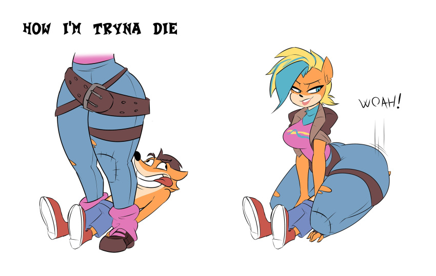 2020 activision anthro bandicoot belt blonde_hair blue_hair bottomwear clothing crash_bandicoot crash_bandicoot_(series) dankodeadzone duo facesitting female hair hi_res jeans male male/female mammal marsupial mohawk_(hairstyle) multicolored_hair pants pirate_tawna size_difference tawna_bandicoot thick_thighs tongue tongue_out video_games wide_hips
