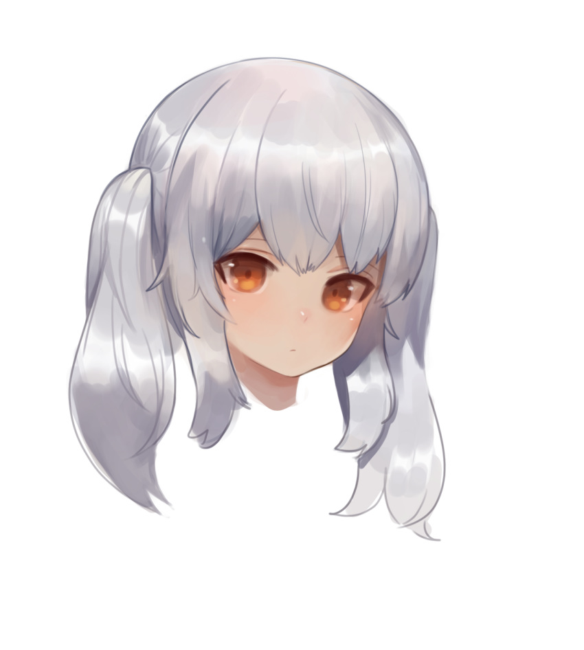 1girl bangs brown_eyes closed_mouth copyright_request dokomon eyebrows_behind_hair head highres long_hair looking_at_viewer sidelocks silver_hair simple_background solo twintails white_background