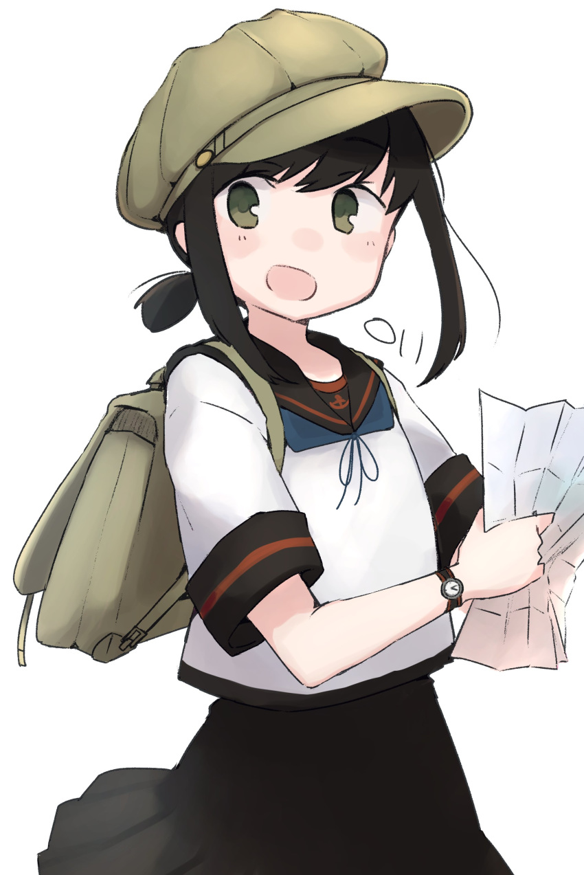 1girl absurdres anchor_symbol backpack bag black_hair black_sailor_collar black_skirt eyebrows_visible_through_hair fubuki_(kantai_collection) green_eyes hat highres holding kantai_collection ma_rukan open_mouth pleated_skirt remodel_(kantai_collection) sailor_collar school_uniform serafuku short_hair short_ponytail short_sleeves signature simple_background skirt smile solo watch white_background wristwatch