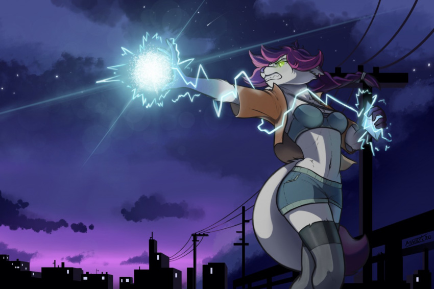 anthro askart canid canine canis city_background cloudy digital_media_(artwork) electric female magic mammal night orb purple_sky solo star wolf