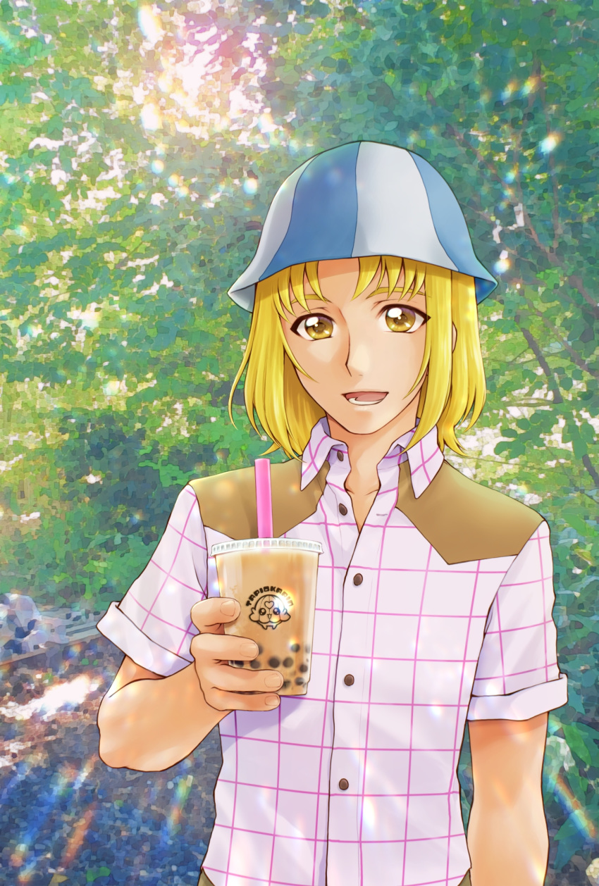 1boy :d aizen_(syoshiyuki) blonde_hair bobblehat collared_shirt day dokidoki!_precure dress_shirt drinking_straw forest highres holding joe_okada looking_at_viewer male_focus nature open_mouth outdoors plaid plaid_shirt precure shiny shiny_hair shirt short_hair short_sleeves smile solo upper_body white_shirt wing_collar yellow_eyes