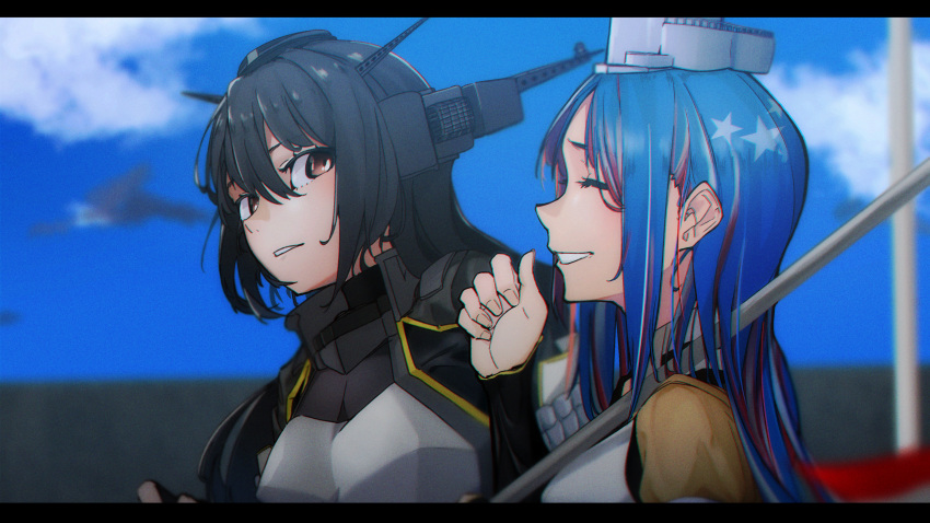 2girls absurdres black_gloves black_hair blue_hair blue_sky blurry brown_eyes brown_jacket closed_eyes cloud commentary_request depth_of_field gloves headgear highres huge_filesize jacket kan6e_ver kantai_collection long_hair multicolored_hair multiple_girls nagato_(kantai_collection) parted_lips pole red_hair remodel_(kantai_collection) sky smile south_dakota_(kantai_collection) star_(symbol) upper_body white_hair