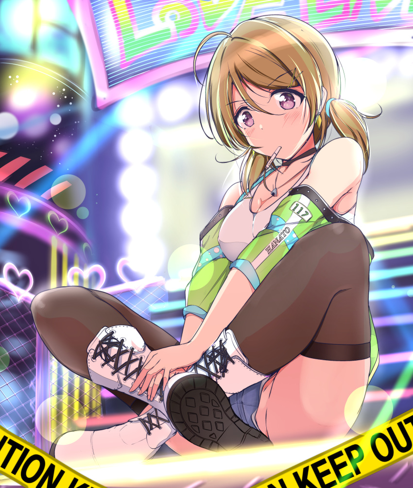 1girl absurdres ahoge ankoiri boots breasts brown_hair brown_legwear candy caution_tape choker cleavage combat_boots crossed_legs denim denim_shorts earrings eyebrows_visible_through_hair food green_jacket hair_ornament highres indian_style jacket jewelry koizumi_hanayo large_breasts lollipop love_live! love_live!_school_idol_project mouth_hold multicolored multicolored_background necklace neon_lights off_shoulder purple_eyes short_hair short_shorts shorts sitting solo tank_top thighhighs tied_hair two_side_up white_footwear white_tank_top x_hair_ornament