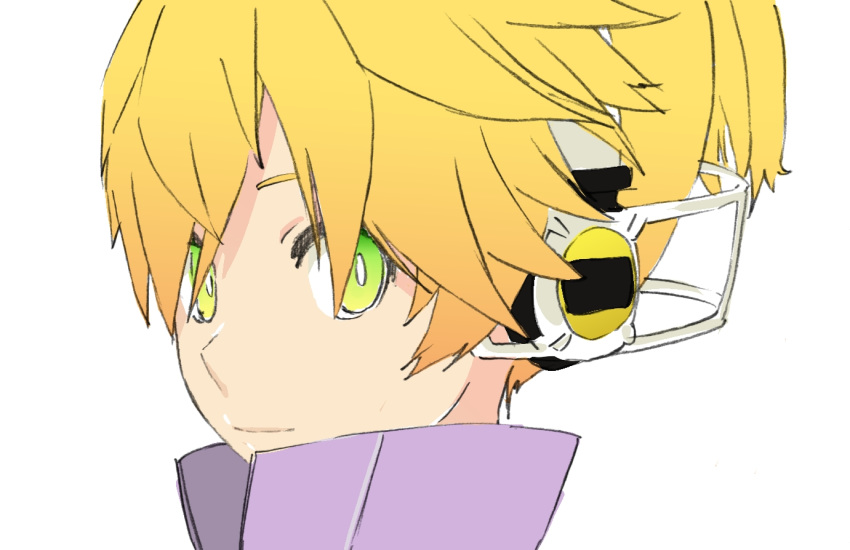 1boy blonde_hair d_futagosaikyou from_side green_eyes hair_over_eyes headphones high_collar kagamine_len kagamine_len_(append) light_smile looking_at_viewer looking_to_the_side male_focus portrait short_ponytail spiked_hair vocaloid vocaloid_(tda-type_ver) vocaloid_append white_background