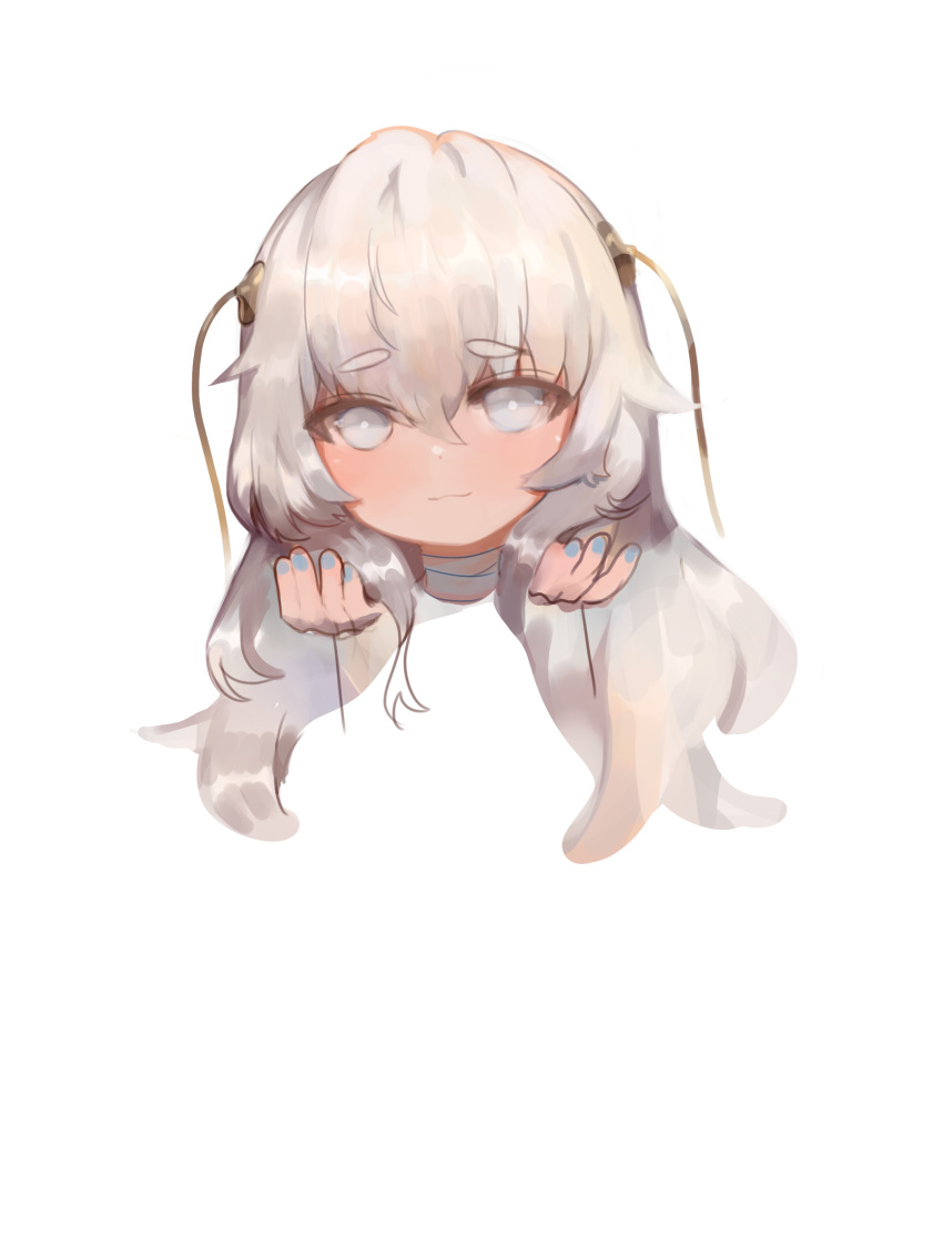 1girl absurdres bandaged_neck bangs blue_nails closed_mouth disembodied_limb dokomon eyebrows_visible_through_hair girls_frontline grey_eyes grey_hair hair_between_eyes hair_ornament hands_up head highres long_hair looking_at_viewer nail_polish ribeyrolles_1918_(girls_frontline) simple_background smile solo thick_eyebrows white_background