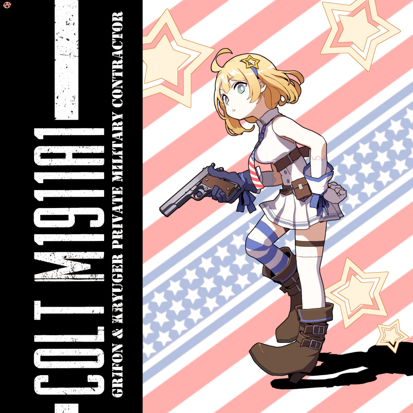 1girl ahoge american_flag american_flag_print bare_shoulders blonde_hair boots breasts character_name circle_a commentary_request english_text eyebrows_visible_through_hair flag_print full_body girls_frontline gloves gun handgun high_heel_boots high_heels highres holding holding_gun holding_weapon looking_at_viewer m1911 m1911_(girls_frontline) necktie pistol short_hair skirt sleeveless solo star_(symbol) striped striped_background striped_legwear thighhighs weapon