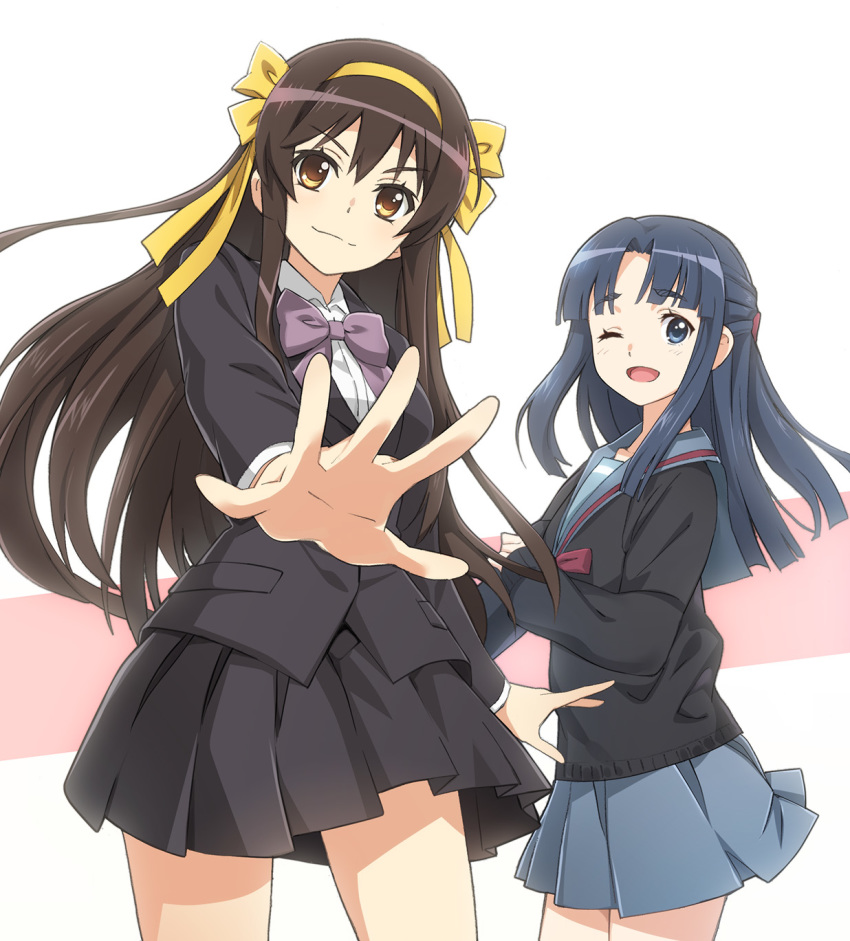 2girls alternate_hair_length alternate_hairstyle asakura_ryouko bangs blazer blue_eyes blue_hair blue_sailor_collar blue_skirt bow brown_eyes brown_hair brown_jacket brown_skirt cardigan closed_mouth forehead hair_between_eyes highres hime_cut jacket kita_high_school_uniform kouyouen_academy_uniform long_hair long_sleeves looking_at_viewer multiple_girls nagato_yuki-chan_no_shoushitsu nyoro_(nyoronyoro000) one_eye_closed open_mouth purple_bow red_ribbon ribbon sailor_collar school_uniform shirt skirt smile suzumiya_haruhi suzumiya_haruhi_no_shoushitsu suzumiya_haruhi_no_yuuutsu white_shirt