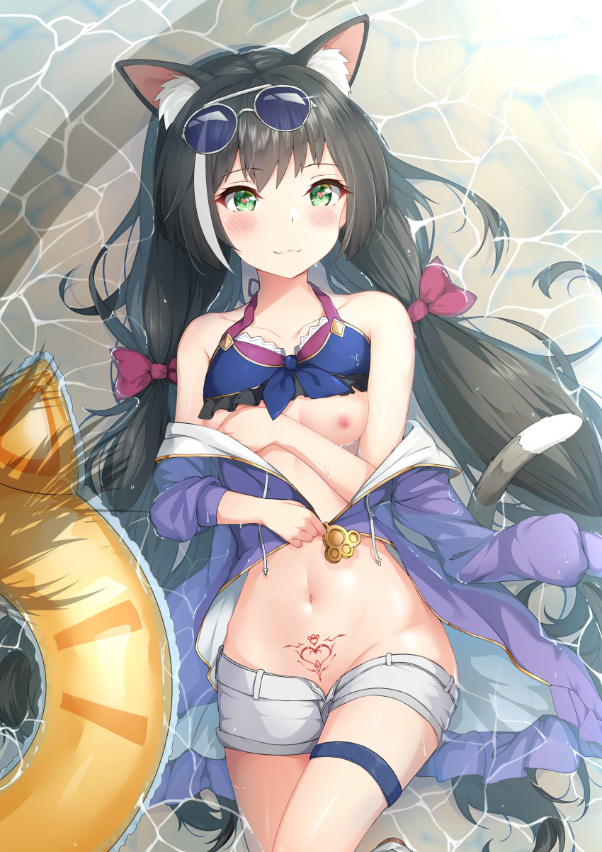 1girl :3 absurdres animal_ears bangs bare_shoulders bikini bikini_lift bikini_top black_hair blue_bikini blush bow breasts cat_ears cat_girl cat_tail closed_mouth collarbone commentary_request eyebrows_visible_through_hair eyewear_on_head frilled_bikini frills green_eyes groin hair_bow heart heart-shaped_pupils highres innertube jacket karyl_(princess_connect!) long_hair long_sleeves looking_at_viewer low_twintails lying multicolored_hair navel off_shoulder on_back open_clothes open_fly open_jacket open_shorts princess_connect! princess_connect!_re:dive pubic_tattoo purple_bow purple_jumpsuit shallow_water short_shorts shorts small_breasts smile solo stomach streaked_hair sunglasses swimsuit symbol-shaped_pupils tail tattoo thigh_strap twintails two-tone_hair unzipped very_long_hair water white-framed_eyewear white_hair white_shorts yimiao zipang_(zip@ng_works)
