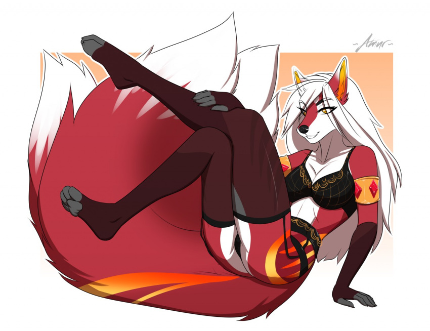 2020 4_toes 5_fingers amur anthro black_nose breasts canid canine digital_media_(artwork) female fingers fox fur hair mammal red_body red_fur smile solo toes white_hair yellow_eyes