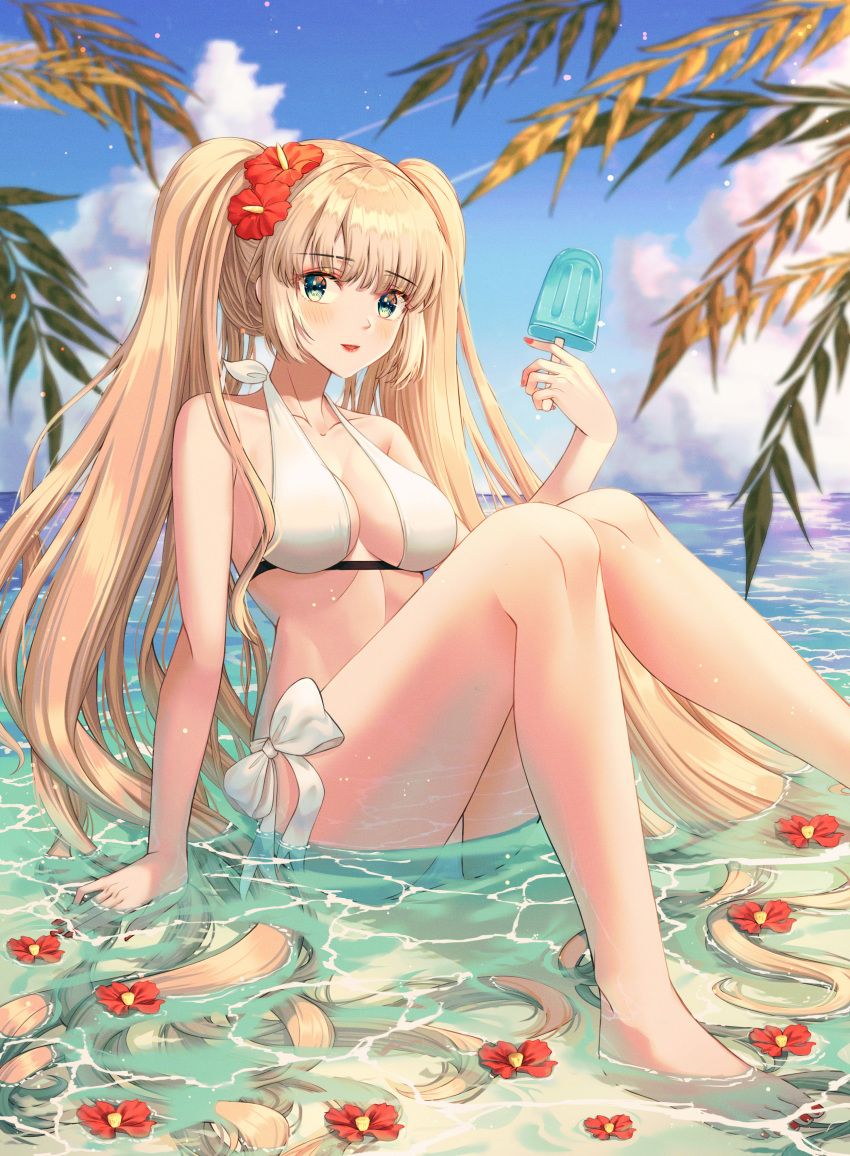 1girl absurdres bikini blonde_hair blue_eyes breasts flower food hair_flower hair_ornament hibiscus highres jisu_lee long_hair looking_at_viewer medium_breasts ocean original popsicle solo summer swimsuit twintails very_long_hair water white_bikini