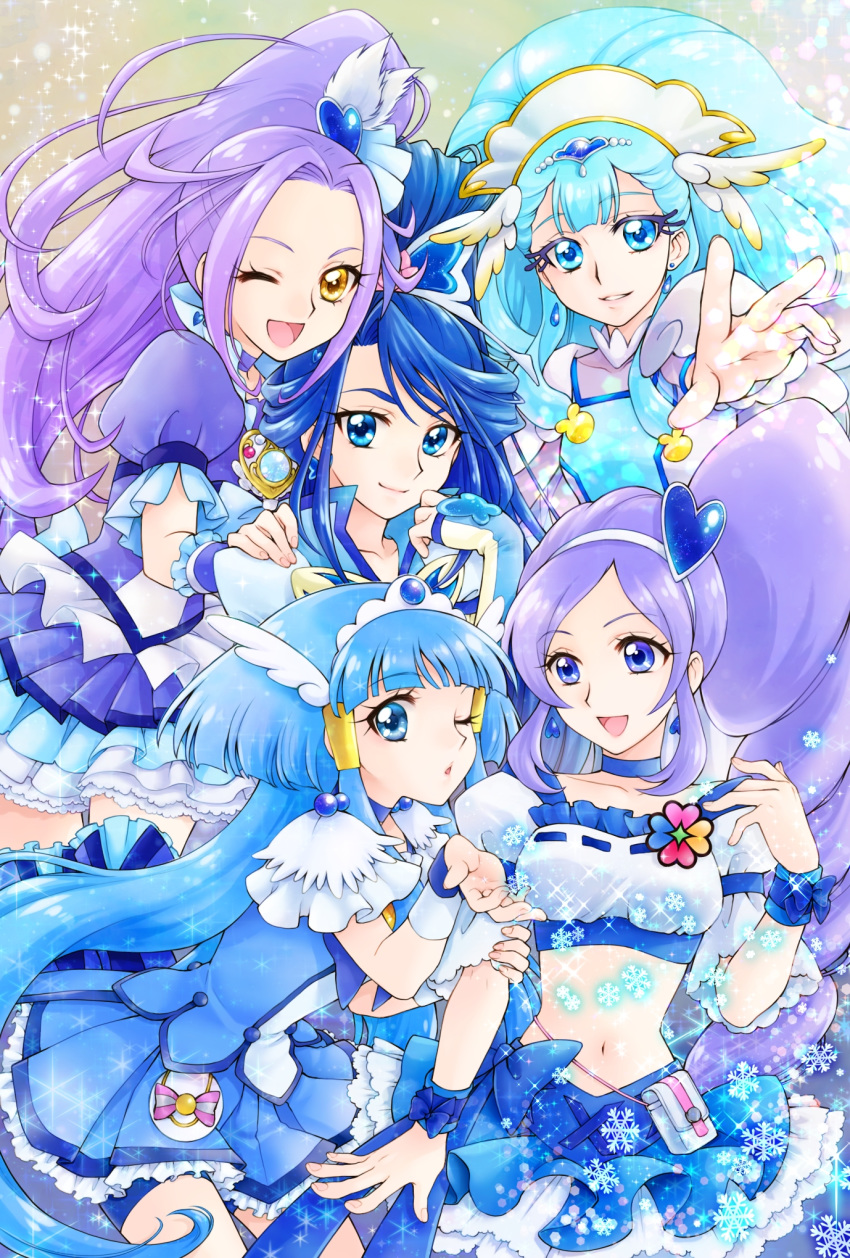 5girls :d ;d aizen_(syoshiyuki) bangs bike_shorts blue_choker blue_dress blue_eyes blue_hair blue_shorts blue_skirt breasts choker collarbone crop_top cure_ange cure_aqua cure_beat cure_beauty cure_berry dress earrings eyebrows_visible_through_hair fresh_precure! frilled_skirt frills hair_ornament hair_tubes hairband heart heart_hair_ornament high_ponytail highres hugtto!_precure jewelry layered_dress long_hair looking_at_viewer medium_breasts midriff miniskirt multicolored multicolored_clothes multicolored_dress multiple_girls navel one_eye_closed open_mouth outstretched_arm pleated_dress pleated_skirt precure purple_choker purple_dress purple_hair reaching_out see-through shiny shiny_hair short_shorts short_sleeves shorts shorts_under_skirt side_ponytail skirt smile smile_precure! stomach suite_precure swept_bangs very_long_hair white_dress white_hairband yellow_eyes yes!_precure_5