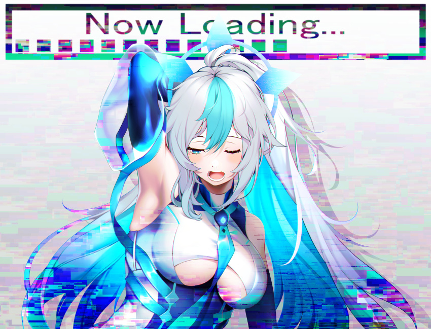 1girl absurdres arm_behind_head arm_up armpits between_breasts blue_eyes blue_hair breasts eureka_iris glitch highres katsuya_228 liver_city loading_screen long_hair looking_down medium_breasts multicolored_hair necktie open_mouth ponytail sleeveless solo two-tone_hair underboob underboob_cutout upper_body very_long_hair white_hair