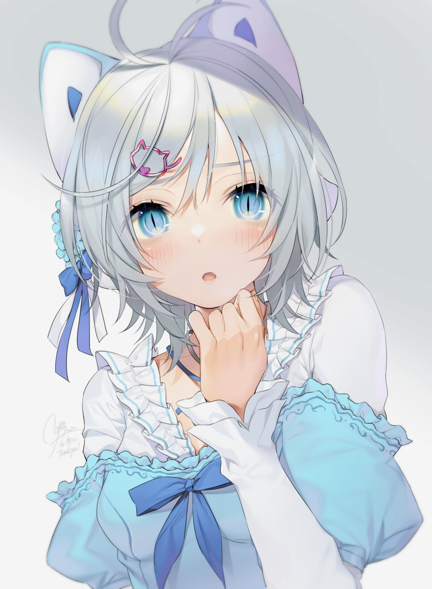 1girl :o absurdres animal_ears antenna_hair bangs blue_eyes blush bow breasts cat_ears cat_hair_ornament dennou_shoujo_youtuber_siro dress eyebrows_visible_through_hair fake_animal_ears frills hair_between_eyes hair_bow hair_ornament hairband highres long_sleeves looking_at_viewer open_mouth shirt short_hair silver_hair siro_(dennou_shoujo_youtuber_siro) slit_pupils solo virtual_youtuber yana_mori