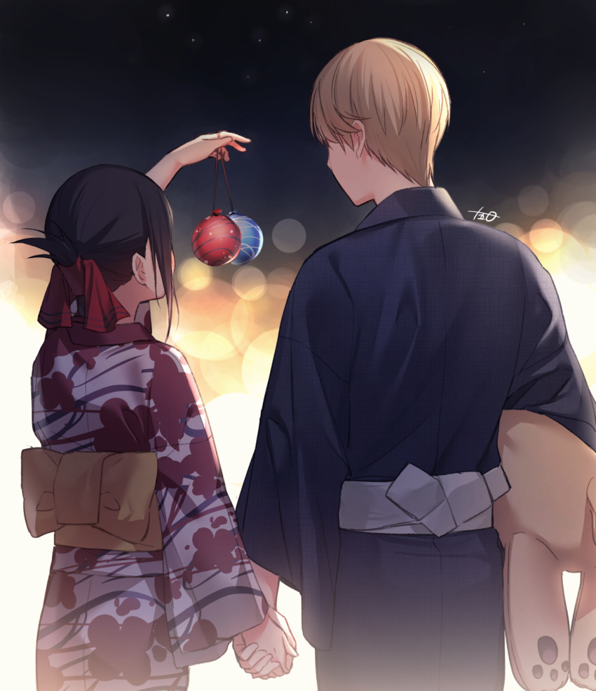 1boy 1girl alternate_costume arm_up black_hair blue_kimono commentary_request couple facing_away floral_print folded_ponytail from_behind highres holding holding_hands japanese_clothes juugonichi_(wheeliex2) kaguya-sama_wa_kokurasetai_~tensai-tachi_no_renai_zunousen~ kimono long_sleeves night night_sky obi outdoors red_ribbon ribbon sash shinomiya_kaguya shirogane_miyuki short_hair signature sky star_(sky) stuffed_animal stuffed_dog stuffed_toy summer_festival wide_sleeves yukata