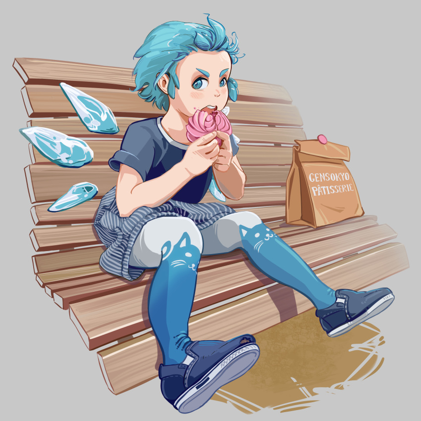 1girl :3 absurdres acrylic_paint_(medium) alternate_costume animal_print bag bangs_pinned_back bench blue_eyes blue_footwear blue_hair blue_legwear blush cat_print cirno eating food forehead grey_background hair_up hands_up highres holding holding_food ice ice_wings looking_at_viewer looking_to_the_side open_mouth pantyhose paper_bag pastry shirt shopping_bag short_hair short_sleeves sideways_glance simple_background sitting_on_bench solo t-shirt torn_shoes touhou traditional_media two-tone_legwear u-joe upper_teeth white_legwear wings