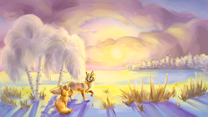 16:9 birch canid canine corsac_fox duo female fennec fennefox feral fluffy fox fur hi_res landscape love male male/female mammal nature paw_up paws rear_view romantic romantic_couple snow sunset travel wallpaper widescreen winter