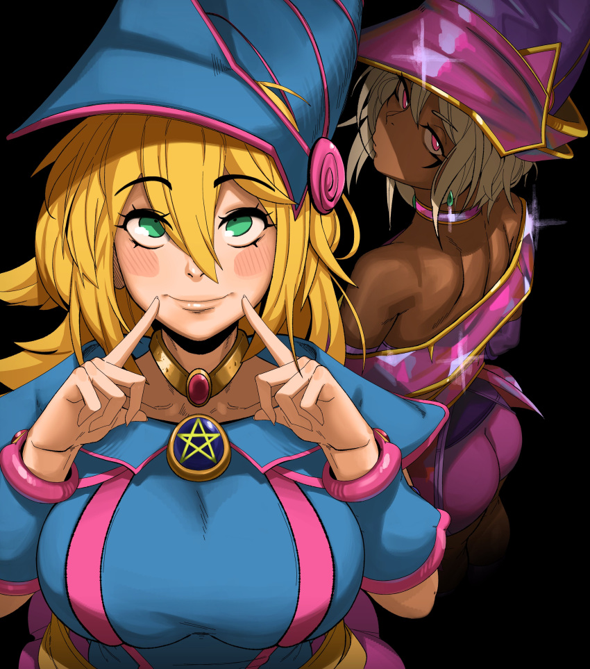 2girls absurdres apprentice_illusion_magician ass bare_shoulders blonde_hair blush_stickers bracer breasts choker commentary dark_magician_girl dark_skin eyebrows_visible_through_hair from_behind green_eyes grey_hair hair_between_eyes hat highres index_finger_raised jewelry kevbot lips long_hair looking_at_viewer looking_back multiple_girls off_shoulder pink_eyes short_hair smile upper_body witch_hat yuu-gi-ou