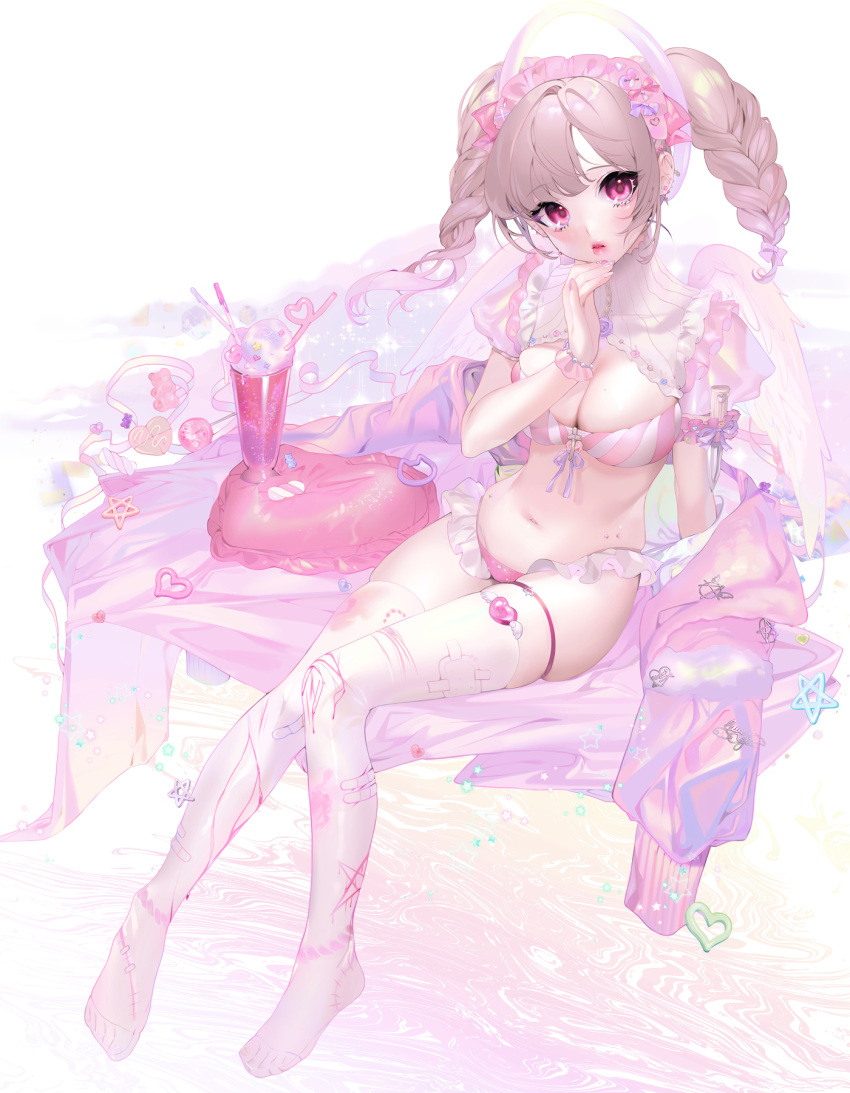 1girl angel_wings bandaid bangs barefoot bite_mark blood bow braid breasts cleavage cleavage_cutout crazy_straw drink drinking_straw ear_piercing eyebrows_visible_through_hair flower food frilled_panties frills glitter gradient_hair gummy_bear hair_undone halo heart heart_pillow heart_straw highres iridescent jacket jacket_removed knife light_brown_hair lipstick maid_headdress makeup marshmallow mole mole_on_breast multicolored_hair nail_art navel original panties piercing pillow pink_eyes puffy_short_sleeves puffy_sleeves ribbon rose scar short_sleeves sidelocks sitting skindentation star_(symbol) stitches string_panties thighhighs turtleneck twin_braids underwear unxi wings wrist_cuffs