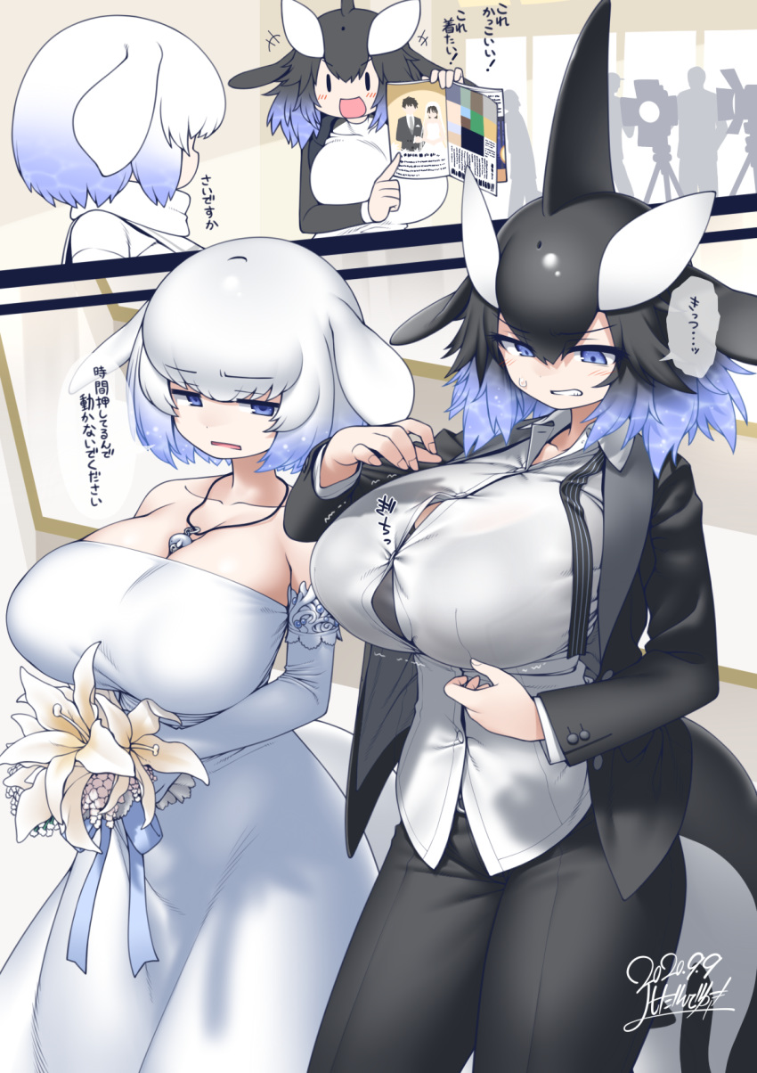 2020 :d animal_humanoid beluga_(stylecase) beluga_humanoid big_breasts black_hair blazer blowhole blue_eyes blue_hair blush bodily_fluids bottomwear bra breasts cetacean cetacean_humanoid cleavage clothed clothing dorsal_fin dress duo ear_fins fan_character female fin flower gradient_hair hair hi_res holding_object huge_breasts humanoid japanese_text kemono_friends killer_whale_(stylecase) magazine mammal marine marine_humanoid multicolored_hair necktie open_mouth orca_humanoid pants plant short_hair signature smile sound_effects suit sweat sweatdrop text toothed_whale_humanoid translation_request underwear wedding_dress white_hair yoshida_hideyuki