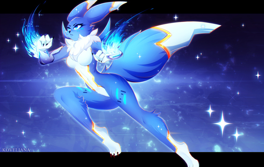 2020 anthro blue_body blue_fire blue_fur colored_fire digimon digimon_(species) digital_creature fan_character female fire fur hi_res koveliana renamon solo star white_body white_fur widescreen