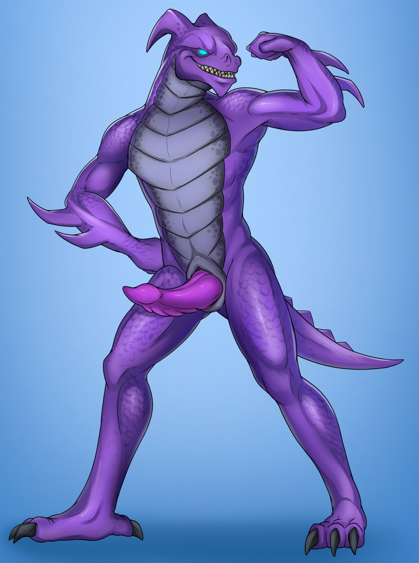 4_toes anisodactyl anthro arm_spikes belly_scales biceps black_claws blue_background blue_eyes claws empty_eyes epic_games erection flexing fortnite full-length_portrait genitals glowing glowing_eyes grin hi_res hybrid_(fortnite) male muscular muscular_anthro muscular_male nude penis portrait pose purple_body purple_penis purple_scales quads redgreendied ridged_penis scales scalie serratus sharp_teeth simple_background smile snout solo spiked_tail spikes spikes_(anatomy) standing tapering_penis teeth toes triceps vextrum video_games