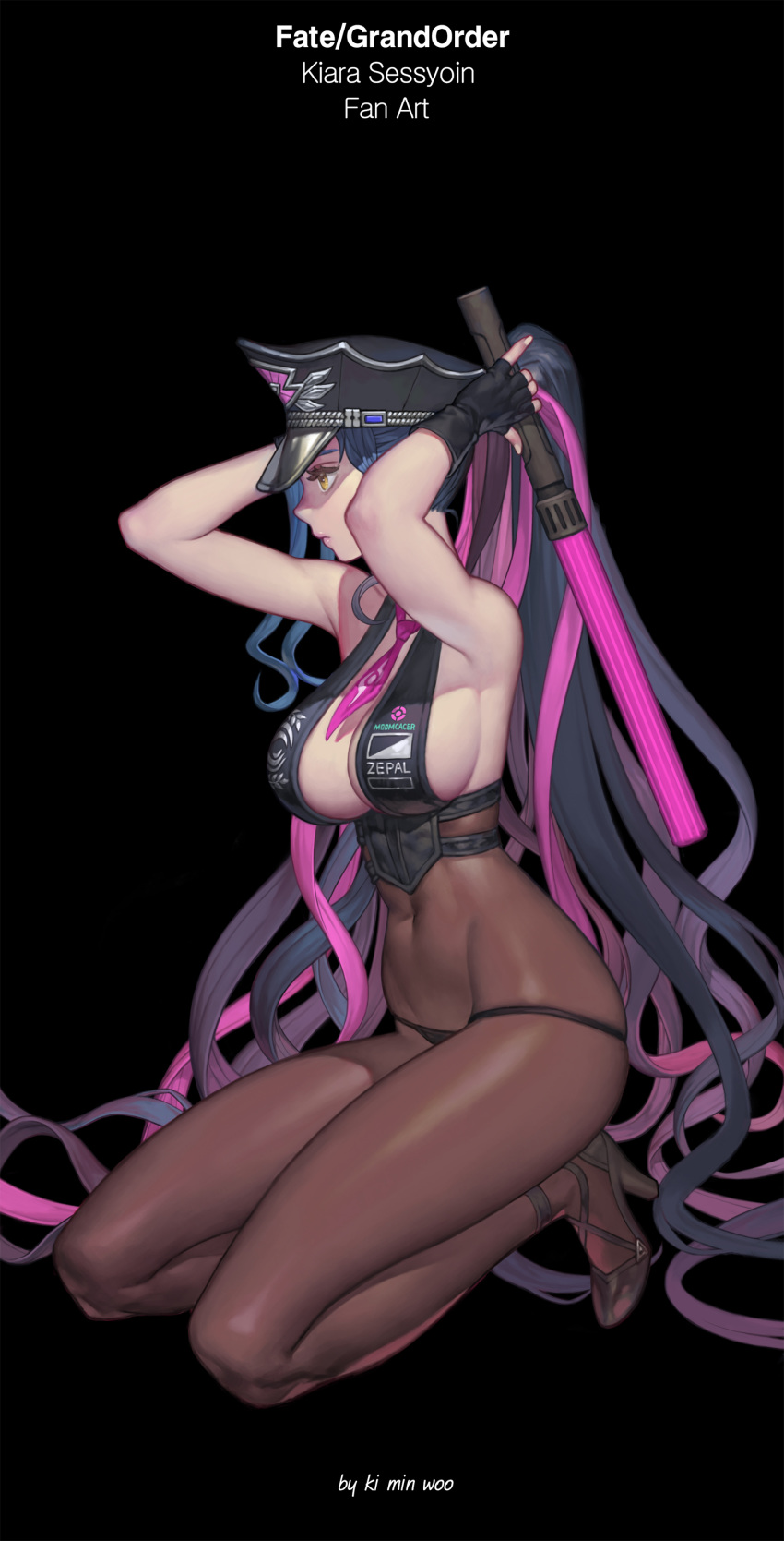 1girl absurdres arm_behind_head armpits artist_name ass bangs bare_shoulders bikini black_background black_bikini black_bodysuit black_gloves black_hair blush bodysuit breasts character_name cleavage copyright_name covered_navel fate/extra fate/grand_order fate_(series) fingerless_gloves full_body gloves hat high_heels highres jewelry ki_min-woo large_breasts long_hair multicolored_hair open_mouth pantyhose parted_bangs peaked_cap ponytail sesshouin_kiara sesshouin_kiara_(swimsuit_mooncancer)_(fate) sideboob smile streaked_hair swimsuit symbol-shaped_pupils traffic_baton very_long_hair yellow_eyes