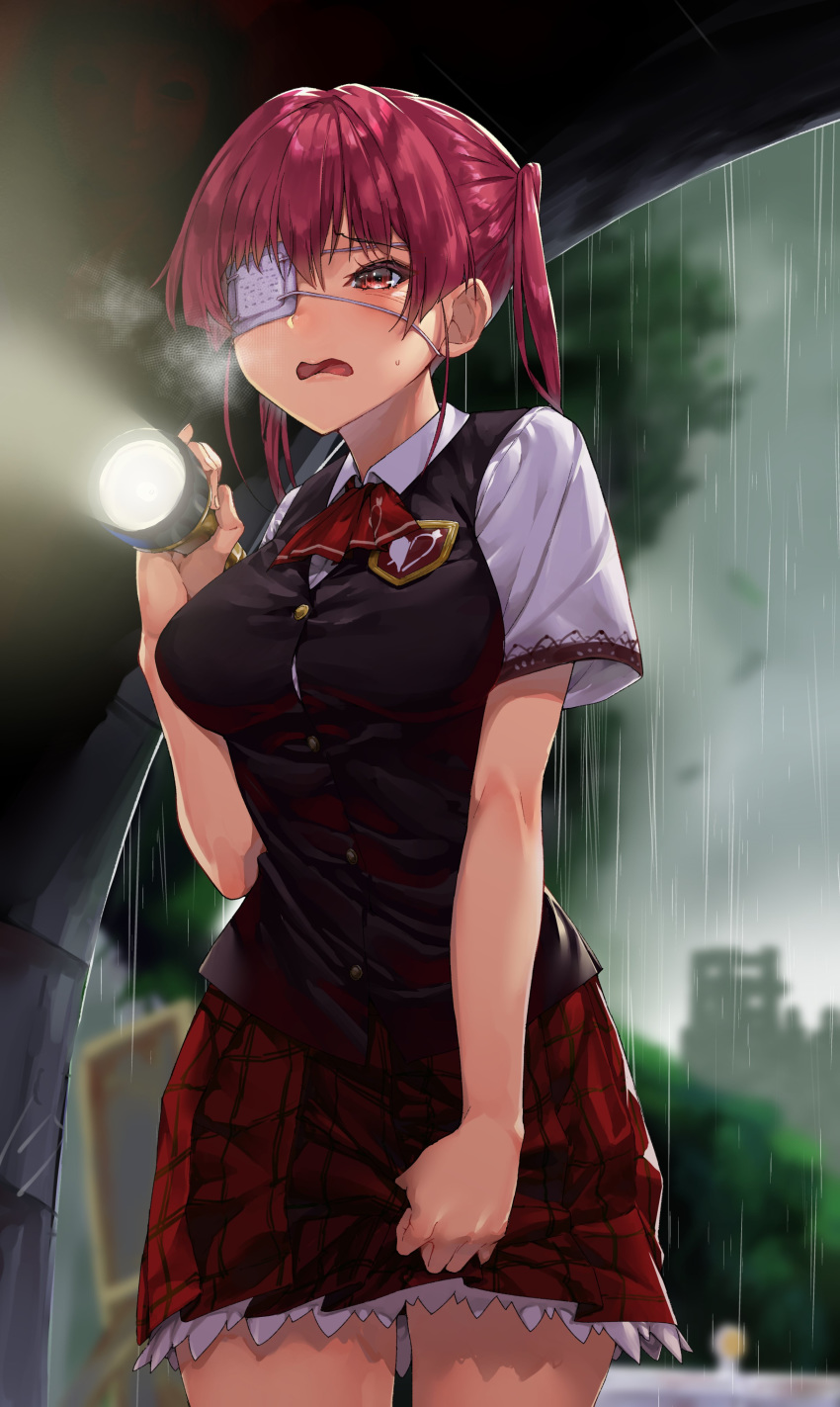 1girl absurdres arrow_through_heart bangs blush breasts breath d: eyepatch hair_between_eyes highres holding_flashlight hololive houshou_marine koubou_(cowbow_kun) long_hair medium_breasts open_mouth rain red_eyes red_hair red_neckwear red_skirt shirt skirt skirt_grab solo sweatdrop tunnel twintails vest virtual_youtuber