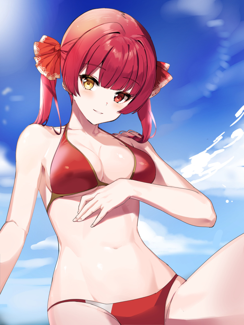 1girl bangs bikini breasts cloud day eyebrows_visible_through_hair hair_ribbon heterochromia highres hololive houshou_marine large_breasts long_hair looking_at_viewer navel parted_lips prawnlunchset red_bikini red_eyes red_hair red_ribbon ribbon sky smile solo swimsuit twintails virtual_youtuber yellow_eyes