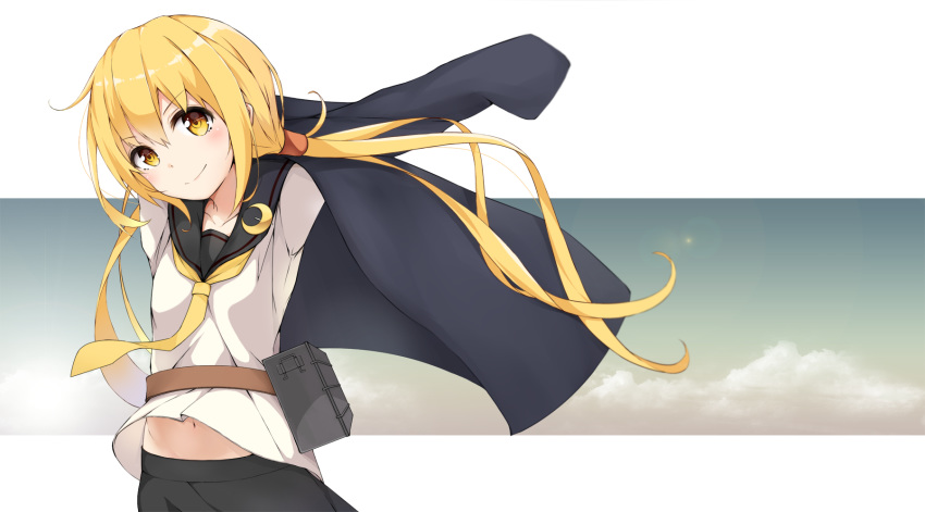 arms_up blonde_hair colis_(regunm772) collarbone crescent crescent_moon_pin highres jacket kantai_collection long_hair long_sleeves midriff_peek navel sailor_collar satsuki_(kantai_collection) school_uniform serafuku shirt smile twintails white_shirt yellow_eyes